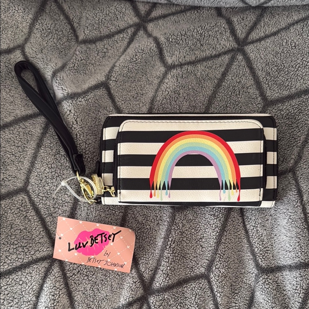 Betsey Johnson Black and White Striped Wallet with Rainbow